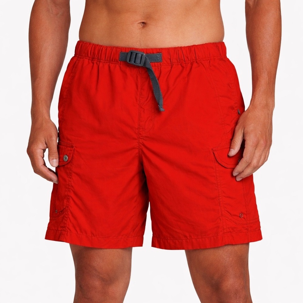 Columbia Mens Red Nylon Cargo Shorts Elastic Waist Belted Mesh Lined XL AM4544